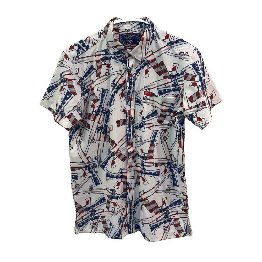 Retro Rifle The 4th Button Up Shirt Mens Med Red White Blue USA AOP July Freedom